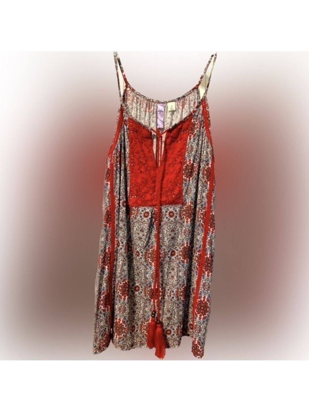 Alya multi print Rayon tank top Beautiful red Crocheted lace inset on front Sz S
